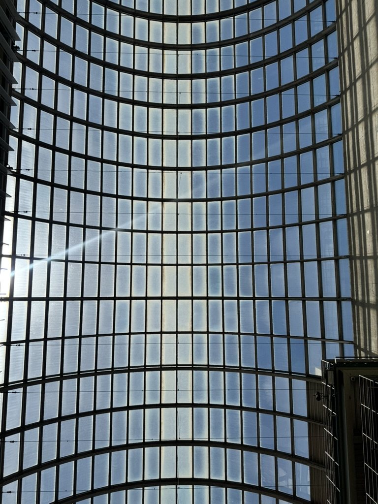 Looking up at a glass curtain wall and skylight grid