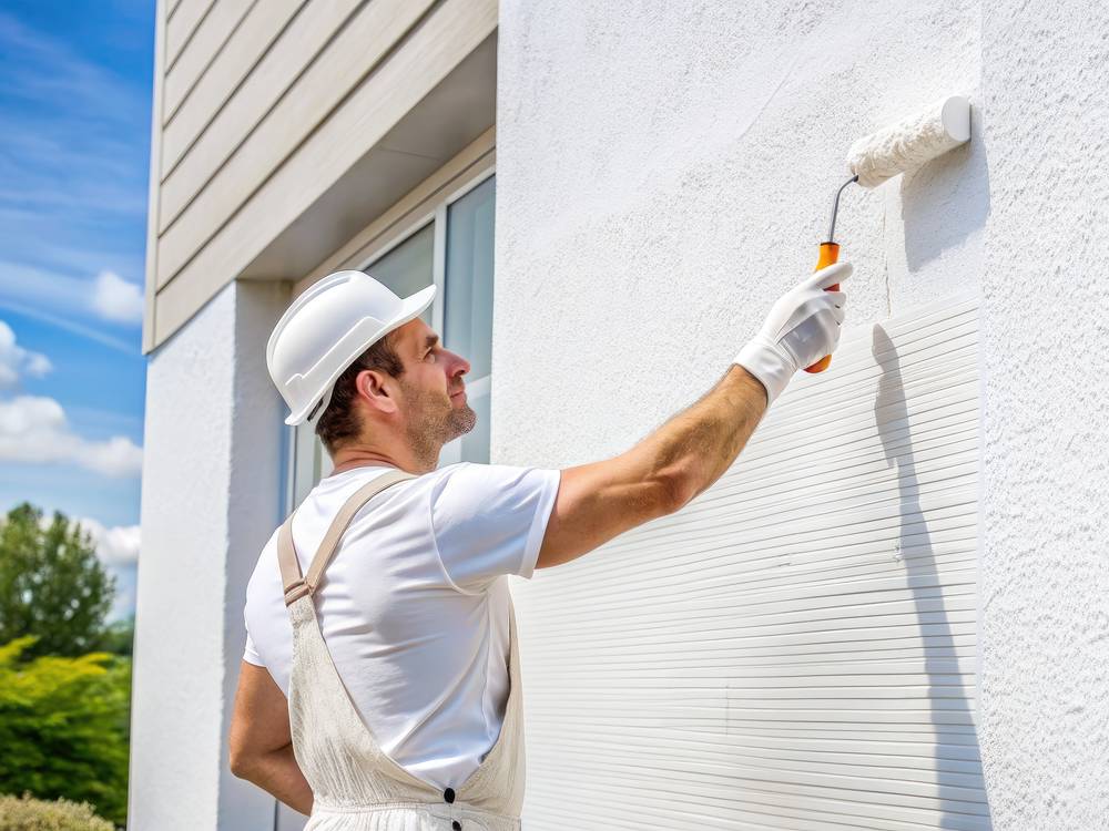 Painter rolling paint onto an exterior wall